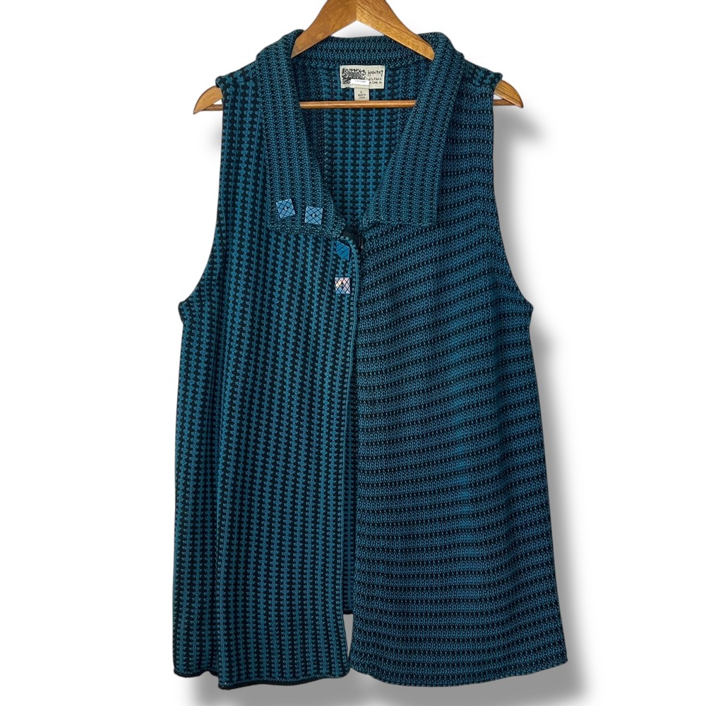 Habitat Teal Blue Black Houndstooth One Button Chunky Knit Vest Sweater Collar L